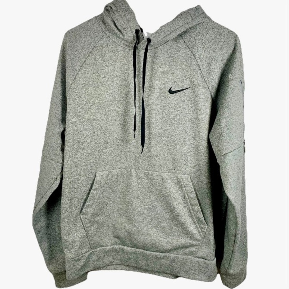 Nike Therma-Fit Gray Hoodie Athletic‎ Sweatshirt Swoosh Men Sz M Arm Pocket EUC